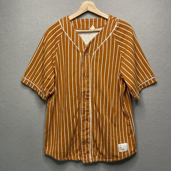 Urban Outfitters Orange & White Baseball Striped Button-Up Short-Sleeve Top M - Picture 1 of 5